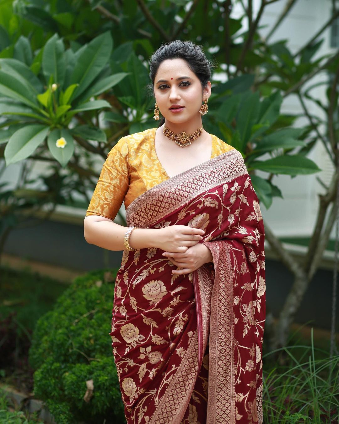 Malayalam Actress Miya George Images in Maroon Saree Yellow Blouse